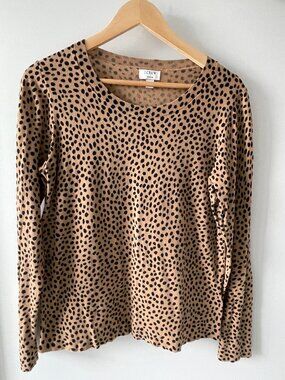J.Crew 100% Cotton Teddie Sweater Tan Black Dot Print Medium Classic Knit